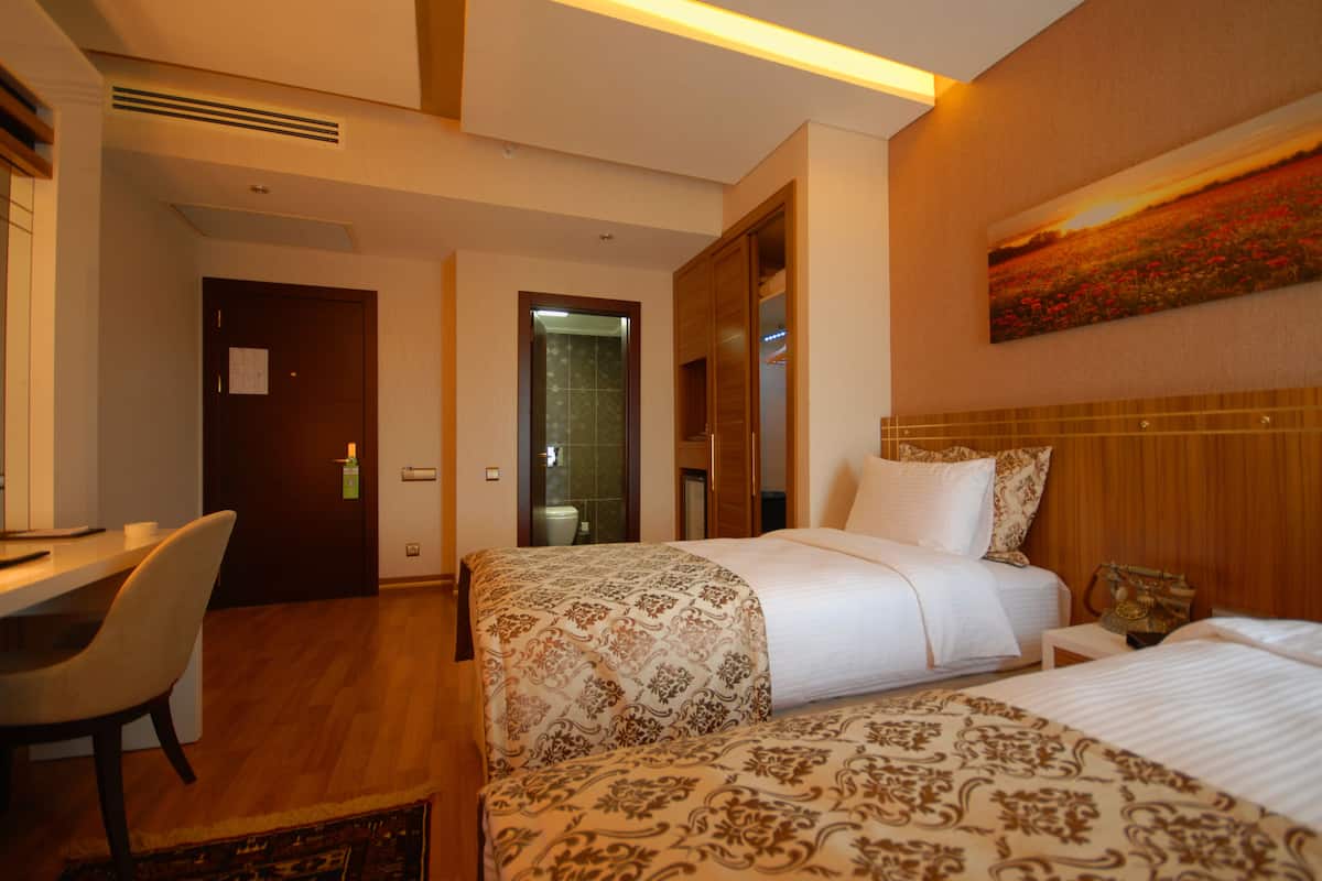 A hotel room with a bed, a desk, and a chair. There is a bathroom door and a shower visible.