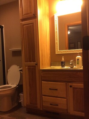 Combined shower/tub, hair dryer, towels, soap