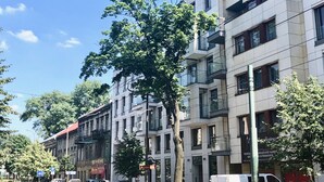 Une vue de rue avec des immeubles à plusieurs étages, des voitures garées et des arbres.