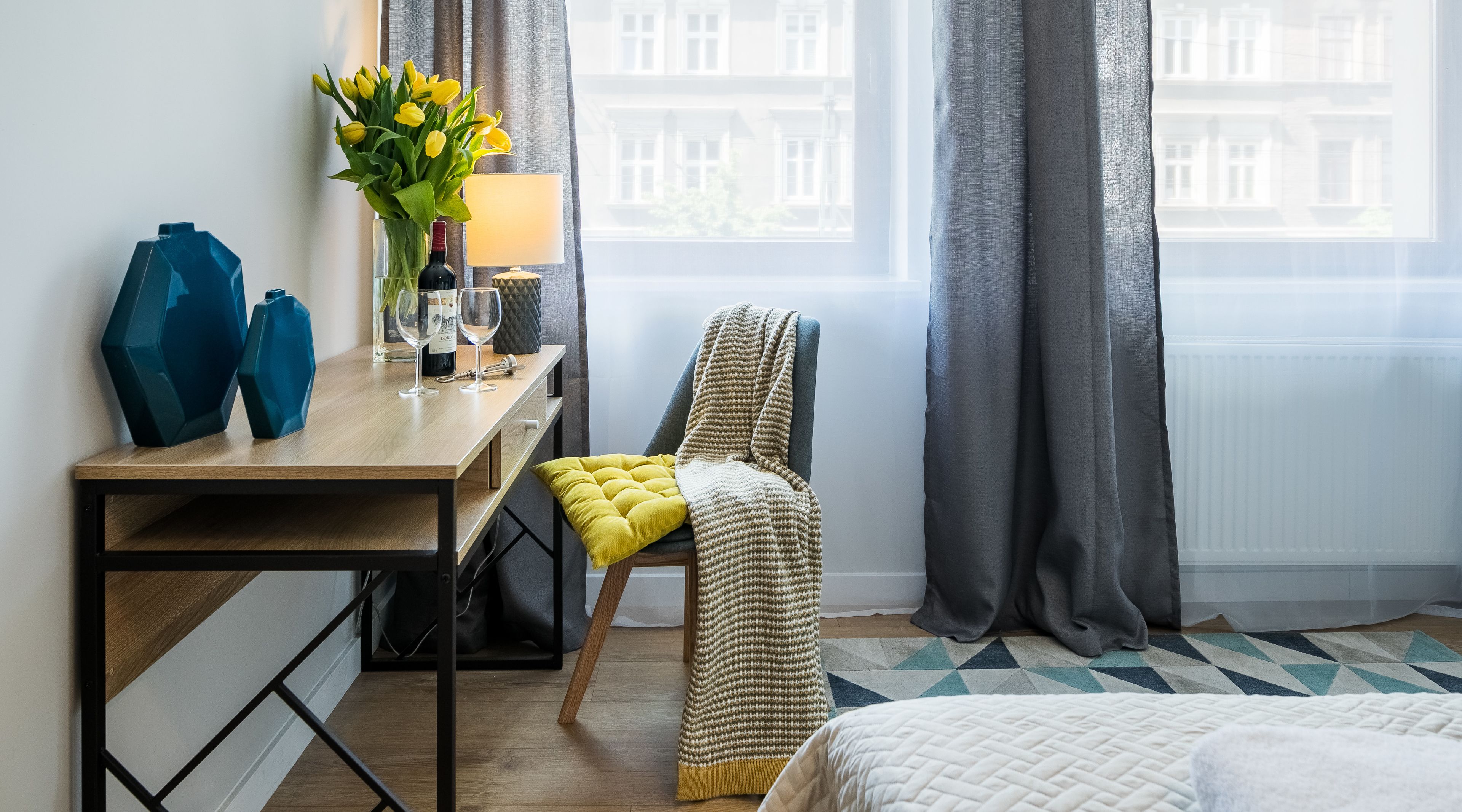 2 bedrooms, premium bedding, desk, soundproofing