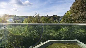 A balcony with a view of a lush green landscape and a distant town.