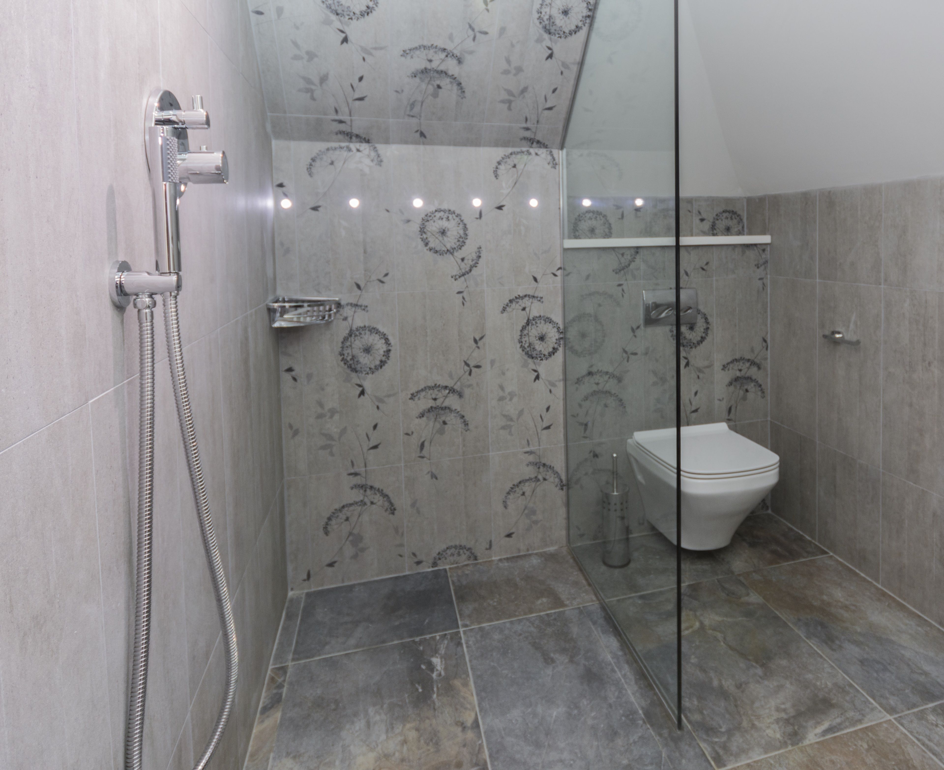 A modern bathroom with a shower, toilet, and glass partition.