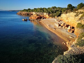 A coastal landscape with clear waters, rocky cliffs, and sparse vegetation. - Hotel del Port (L'Ametlla de Mar)