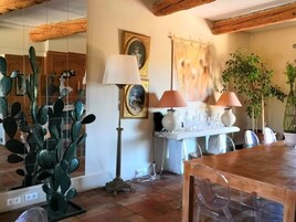 Un comedor con una mesa de madera, sillas traslúcidas, una escultura de cactus y un espejo que refleja la habitación.