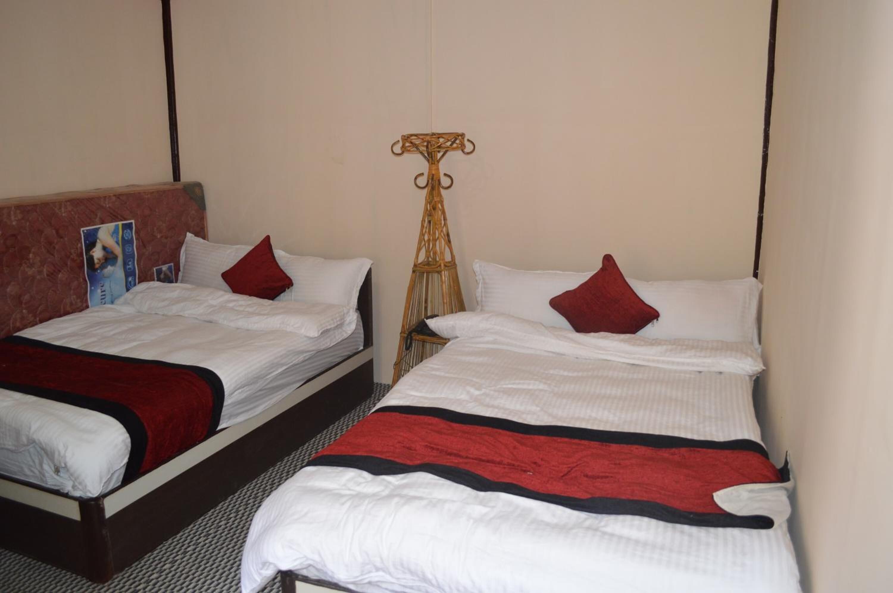 Two single beds with white bedding and red pillows, a wooden headboard, and a woven chair.