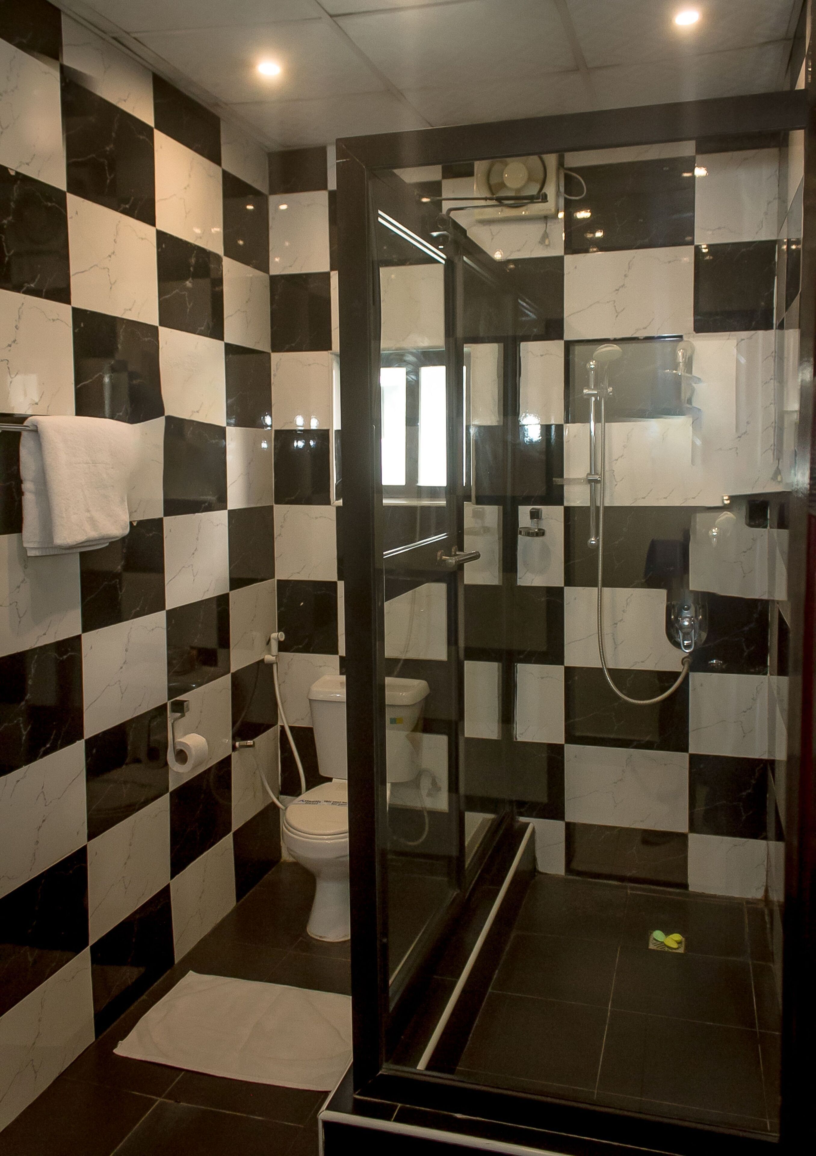 A bathroom with checkered black and white tiles, a glass-enclosed shower, a toilet, and a white towel on a rack.
