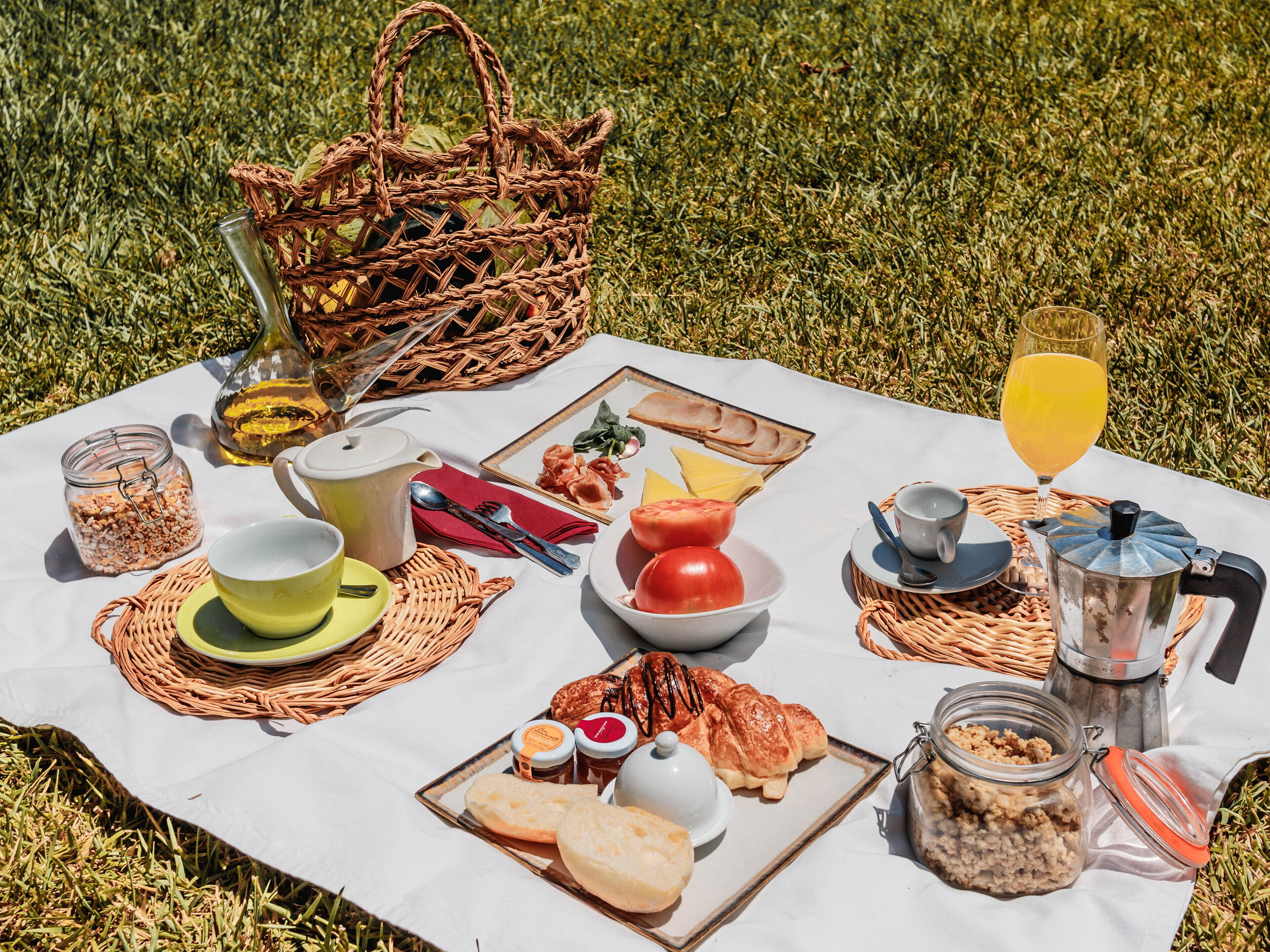 Disposição para piquenique em um campo gramado, com toalha de mesa, comida, bebidas e cesta.