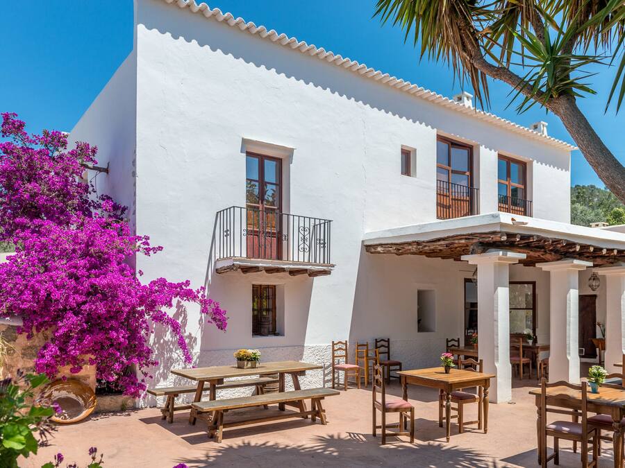 Un edificio bianco con un balcone, una zona con posti a sedere all'aperto e una palma.