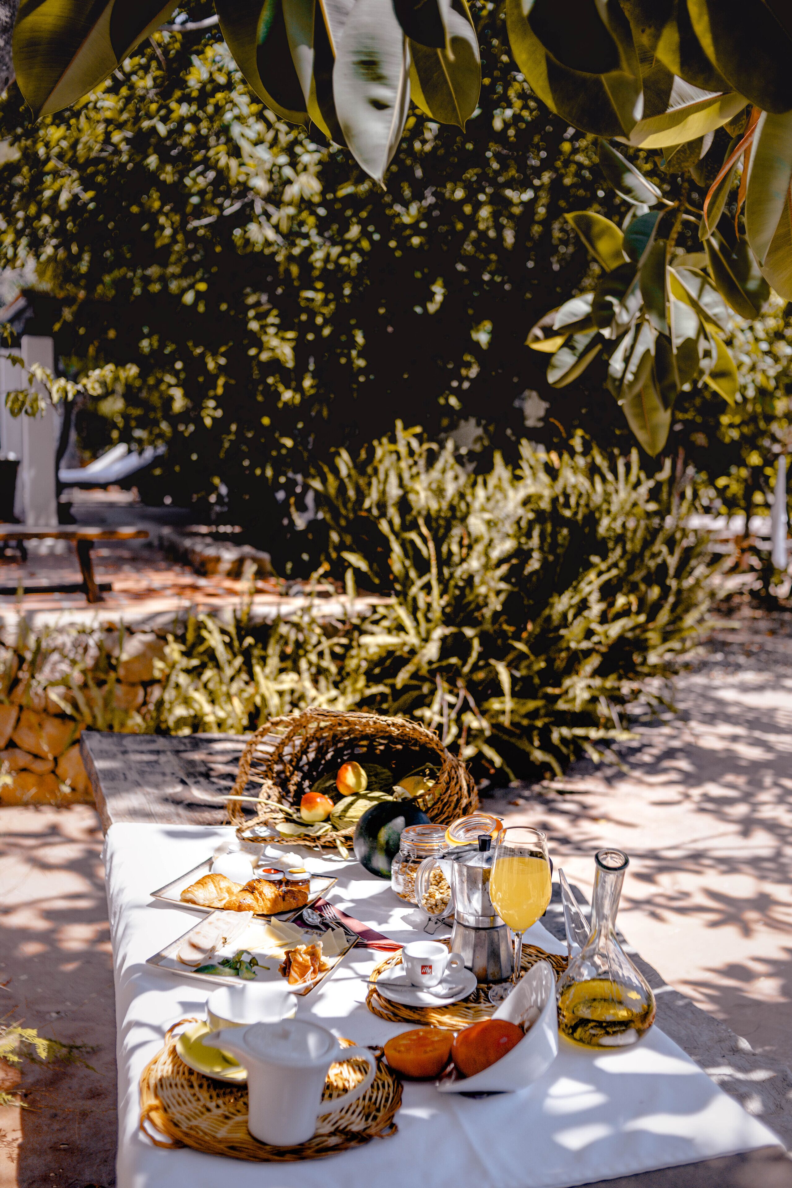 An outdoor dining table set with food and drinks, surrounded by greenery.