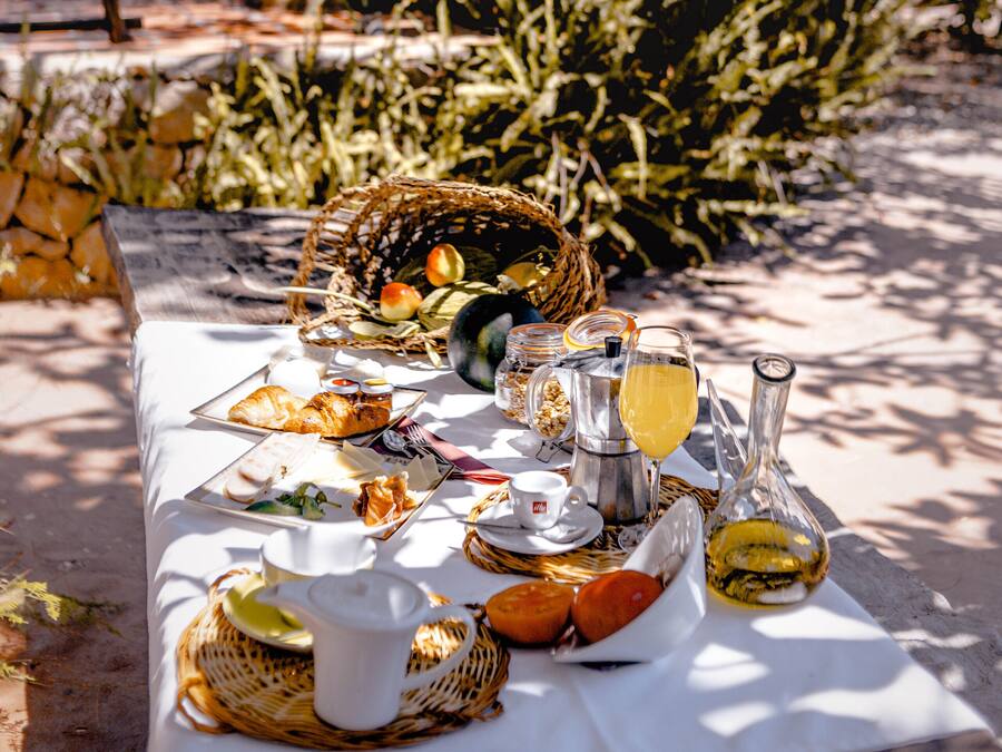An outdoor dining table set with food and drinks, surrounded by greenery.