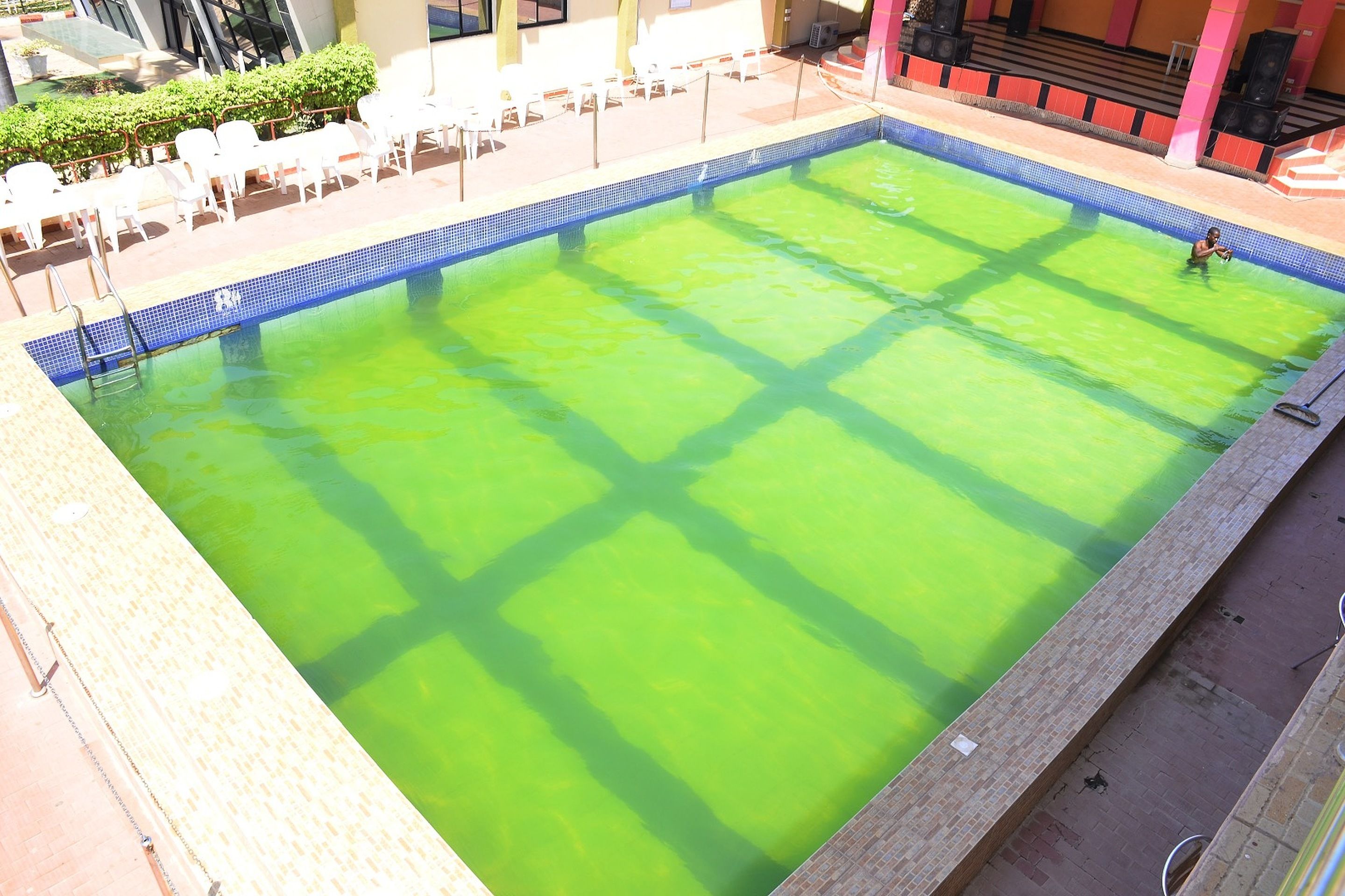Una piscina con borde de azulejos y una persona en el agua.