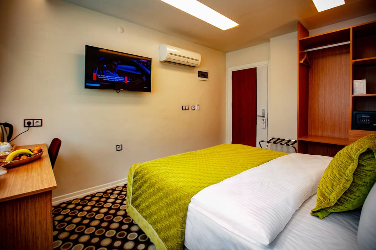 A hotel room with a bed, a desk with a fruit bowl, a television, an air conditioner, and a wardrobe.