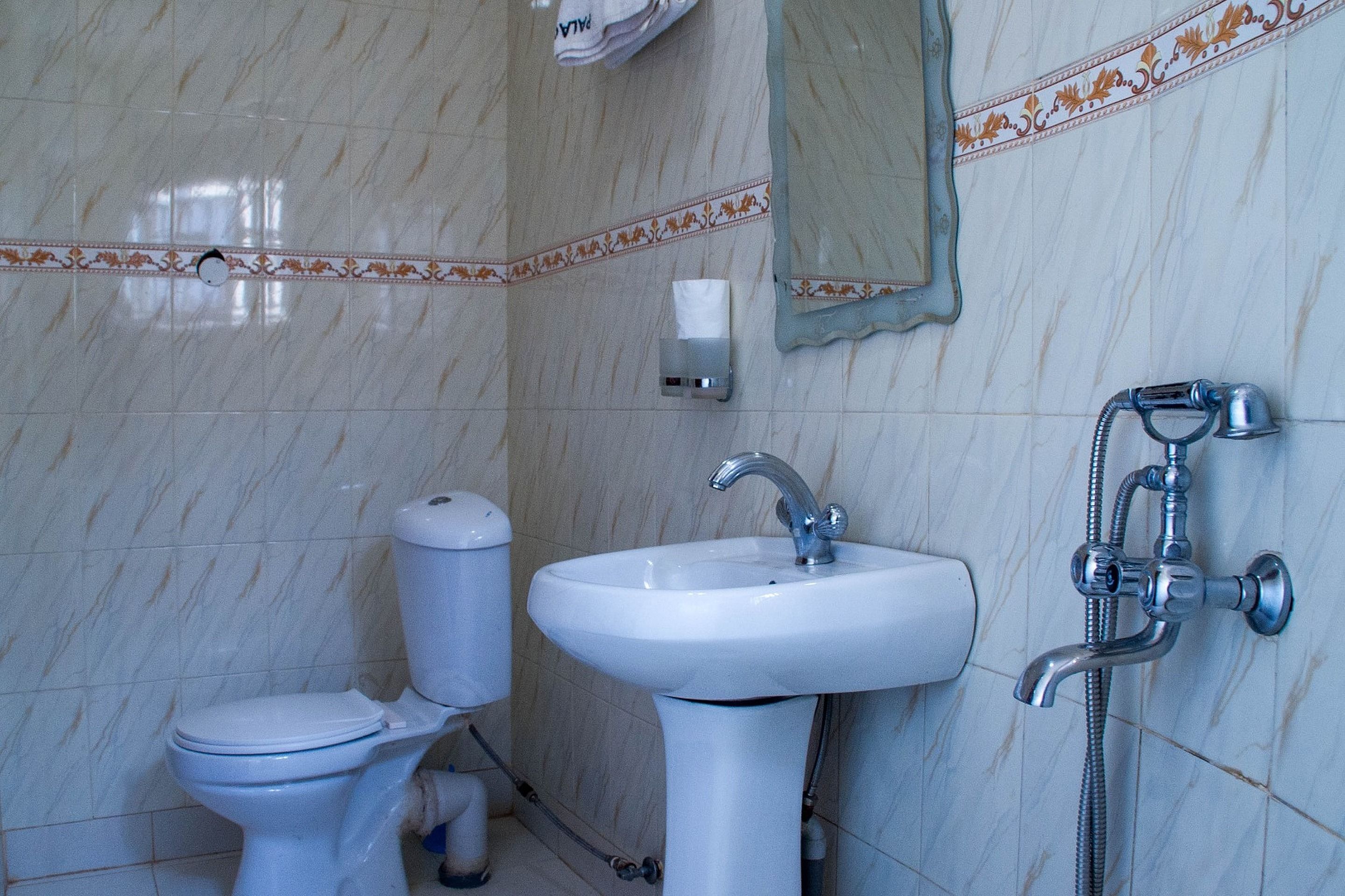 Un baño con inodoro, lavabo y ducha.