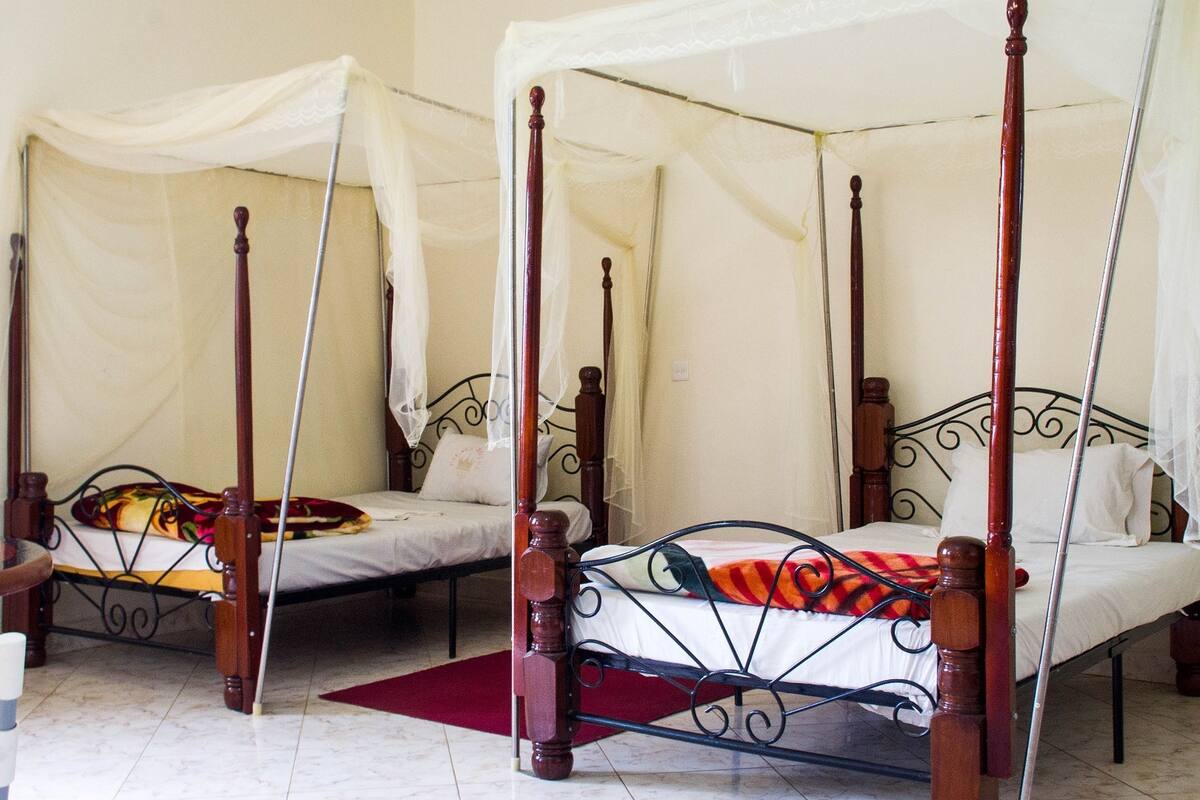 Une chambre dotée de deux lits à baldaquin, chacun surmonté d’un dais. Les lits ont des structures en bois et des têtes de lit en métal.