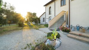 A house with a gravel driveway, a garden with various plants, and a staircase leading to the entrance. - Agriturismo Cantagrillo (Vinci)
