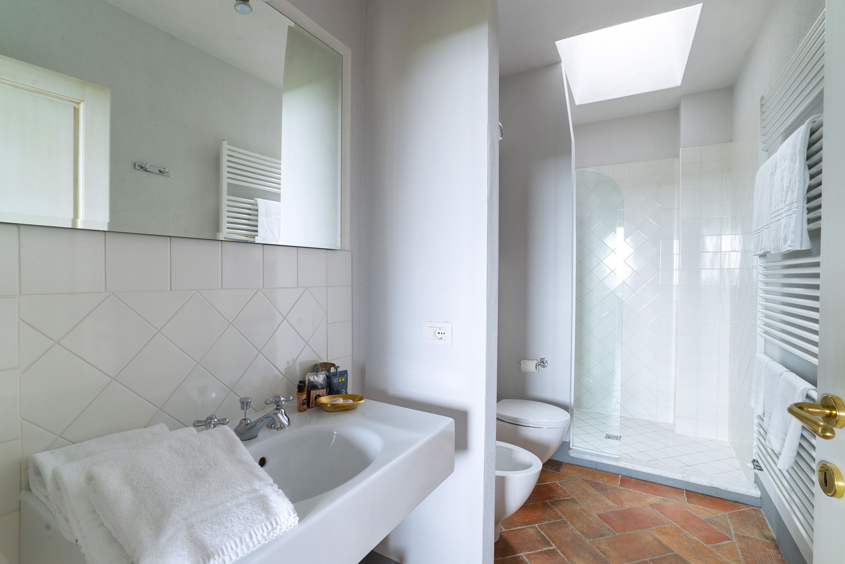 A bathroom with a white sink, a mirror, a toilet, and a glass-enclosed shower.