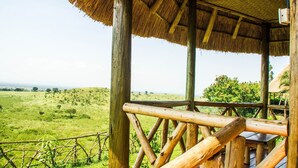 A wooden structure with a thatched roof overlooking a green landscape.