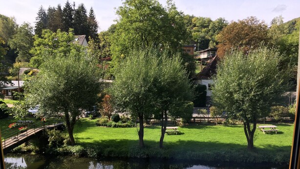 Een vredig rivierzicht met weelderige begroeiing en een houten brug.