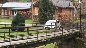 Een houten brug in landelijke stijl over een rivier, met een eend die zwemt.