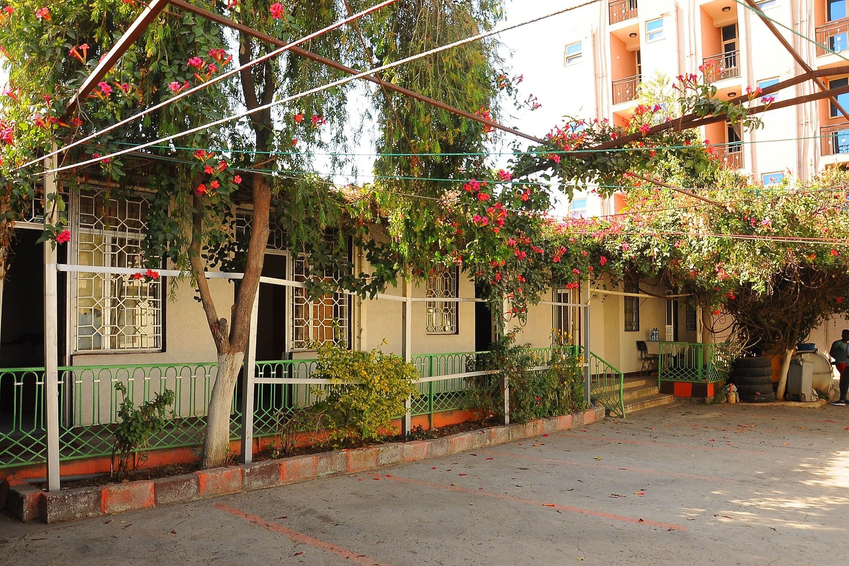 A residential area with a row of houses, each with a balcony and a small garden.