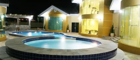 Indoor pool, 2 outdoor pools, open 9 AM to 9 PM, sun loungers