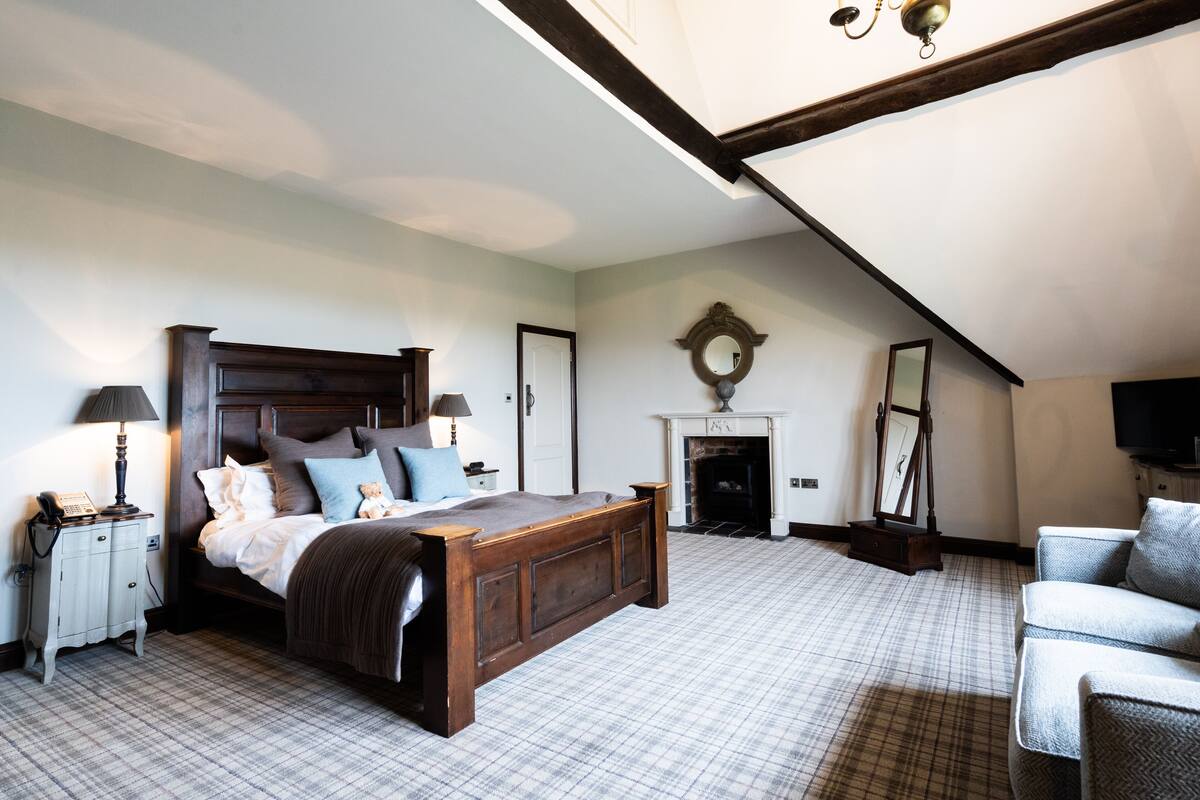 A bedroom with a large bed, a nightstand, a lamp, a fireplace, a mirror, and a television.