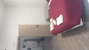 Een slaapkamer met een bed, een spiegel en een deur.