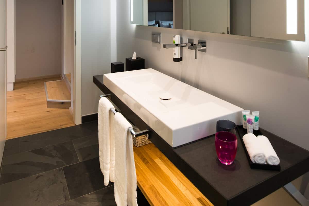 Duş, ücretsiz banyo/kozmetik ürünleri, saç kurutma makinesi, terlik