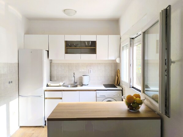 Fridge, oven, stovetop, electric kettle