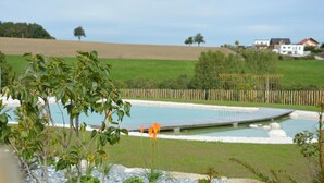 Ein Schwimmbad mit Holzterrasse, umgeben von einem Zaun und Grünpflanzen, mit Häusern im Hintergrund.