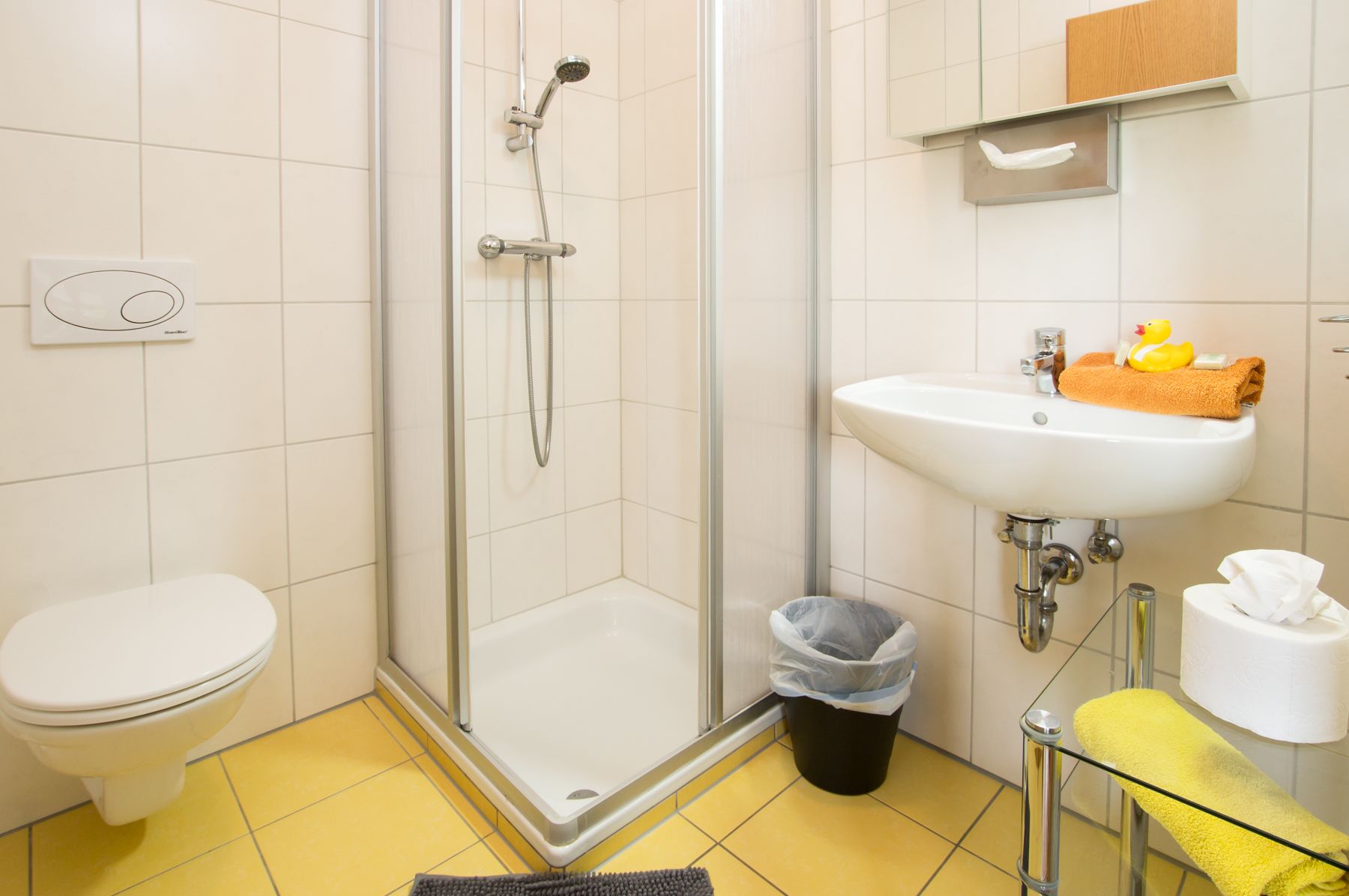 Ein Badezimmer mit Duschkabine aus Glas, einem weißen Waschbecken, einer Toilette und einem Mülleimer.