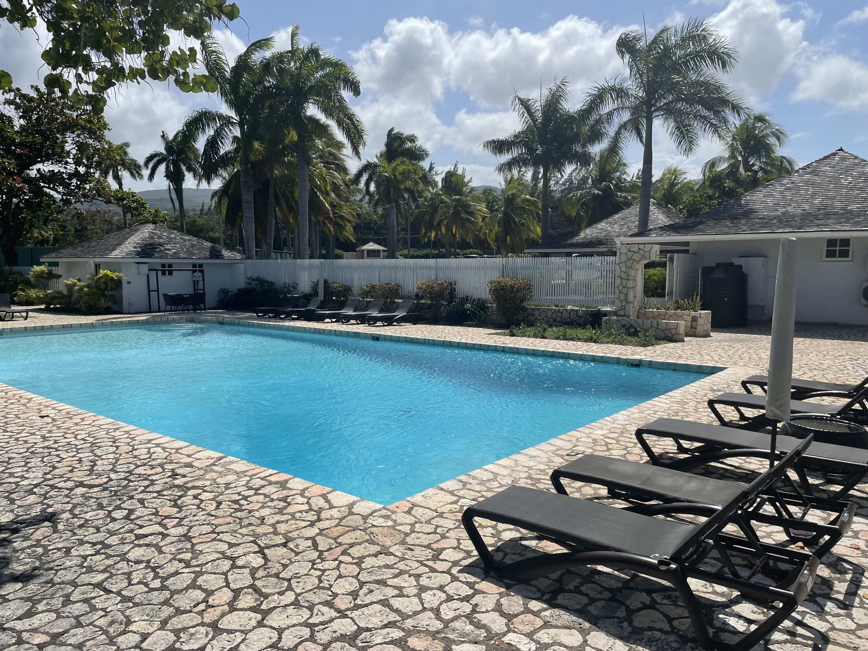 A swimming pool with lounge chairs, surrounded by palm trees and a stone-tiled deck.