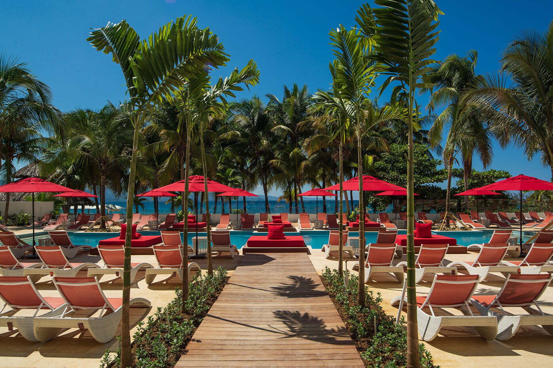 A poolside area with lounge chairs and red umbrellas, surrounded by palm trees and a clear blue sky.