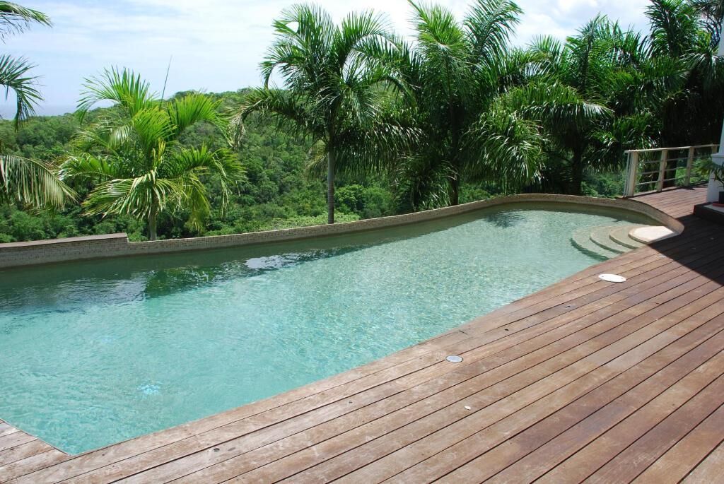 A wooden deck surrounding a clear pool with lush greenery and palm trees in the background.