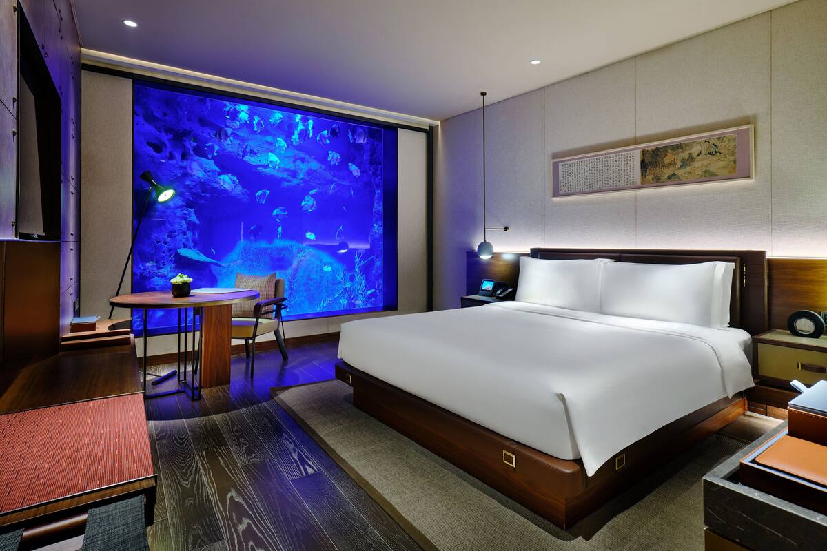 A hotel room with a large bed, a desk with a chair, a small table with a plant, and a wall-mounted TV.