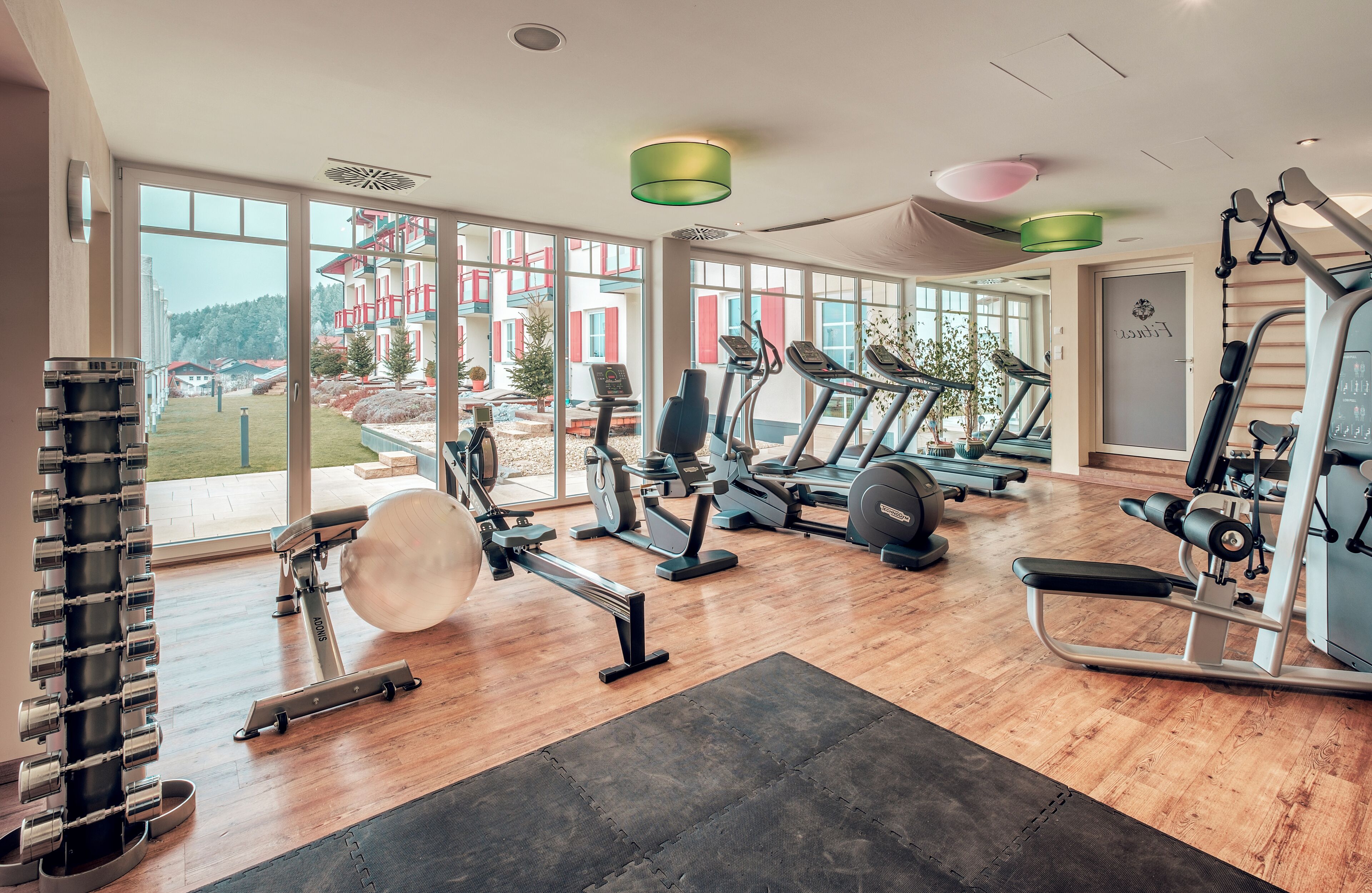 Een sportschool met cardioapparatuur, krachttrainingsmachines en een groot raam met uitzicht op gebouwen en bomen.