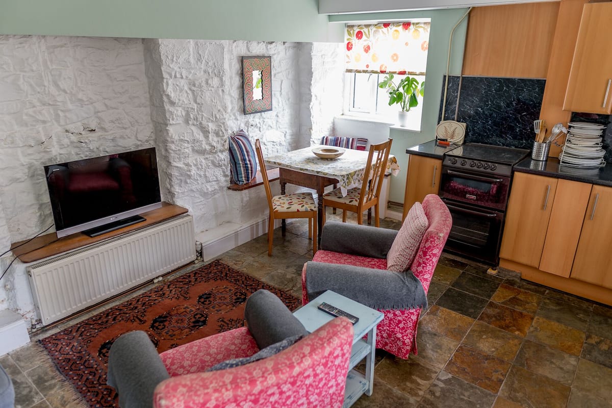 A cozy living room with a TV, a dining table, and a kitchen area with a stove and cabinets.
