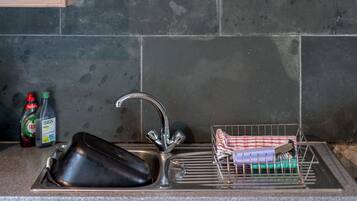 Un évier de cuisine avec un égouttoir à vaisselle, deux bouteilles de liquide vaisselle et un égouttoir noir.