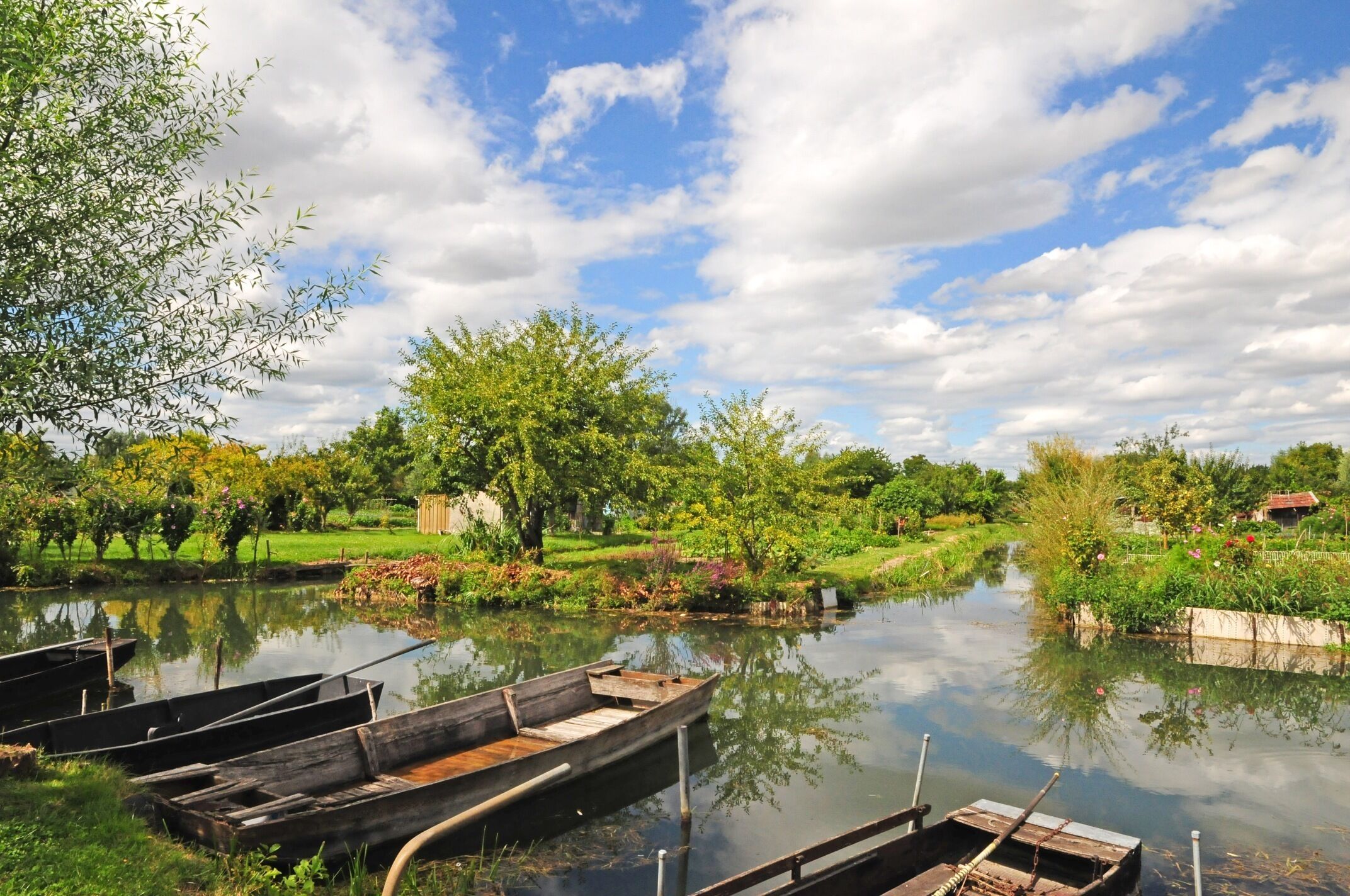 A calm river with boats docked on the left, surrounded by lush greenery and trees.