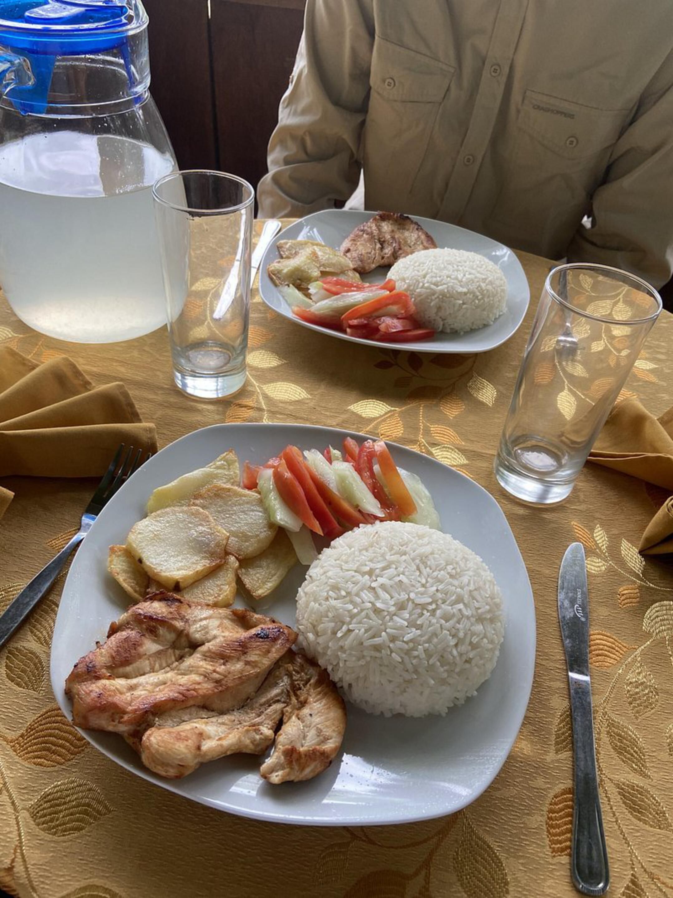 Comida que incluye arroz, pollo a la parrilla, papas y verduras, sobre una mesa con mantel estampado.