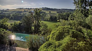 Une piscine entourée d’une végétation luxuriante, avec des collines en arrière-plan.