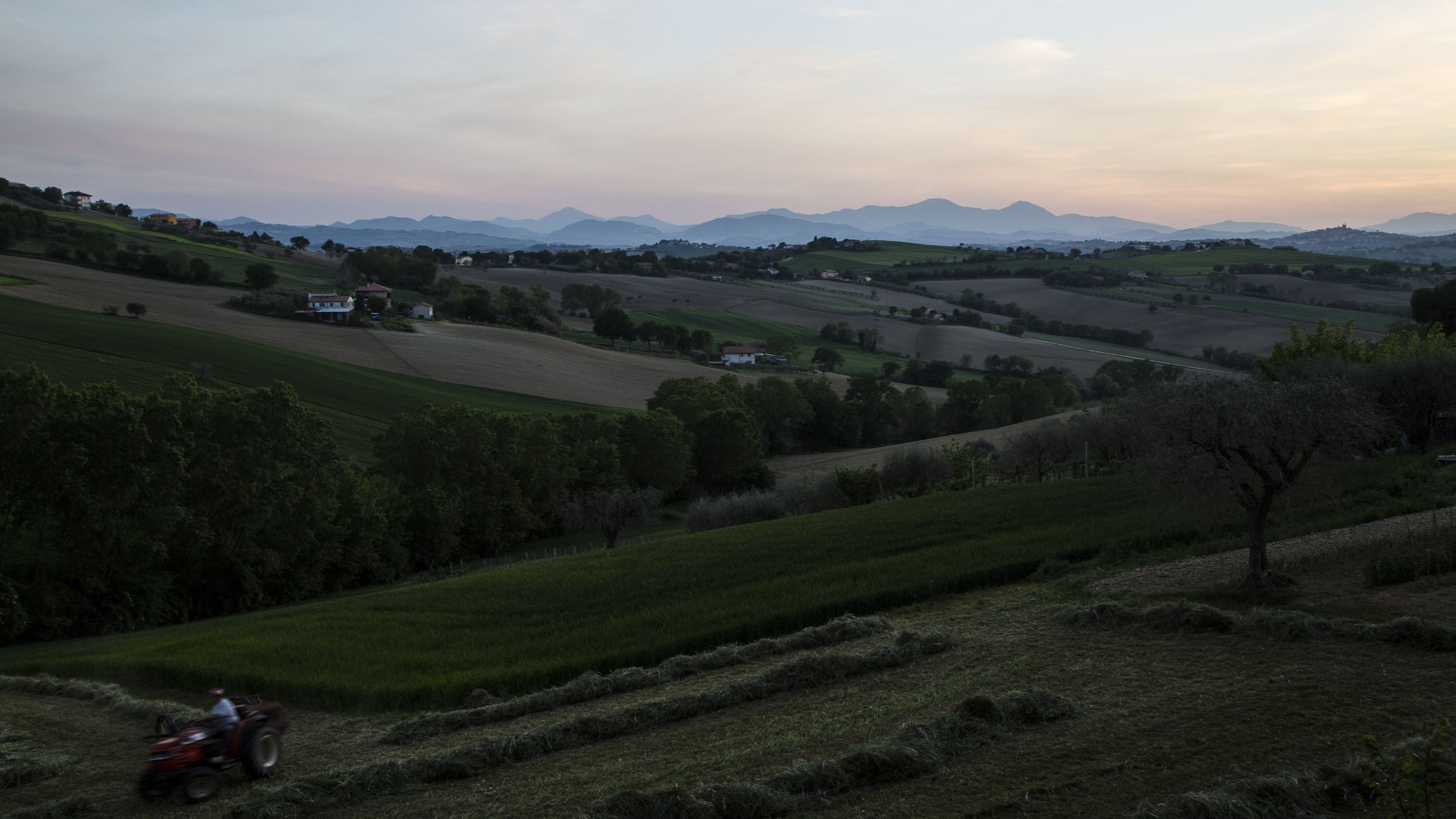 A rural landscape with rolling hills, fields, and a distant mountain range.