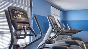 A row of stationary bikes in a gym with blue walls and windows.