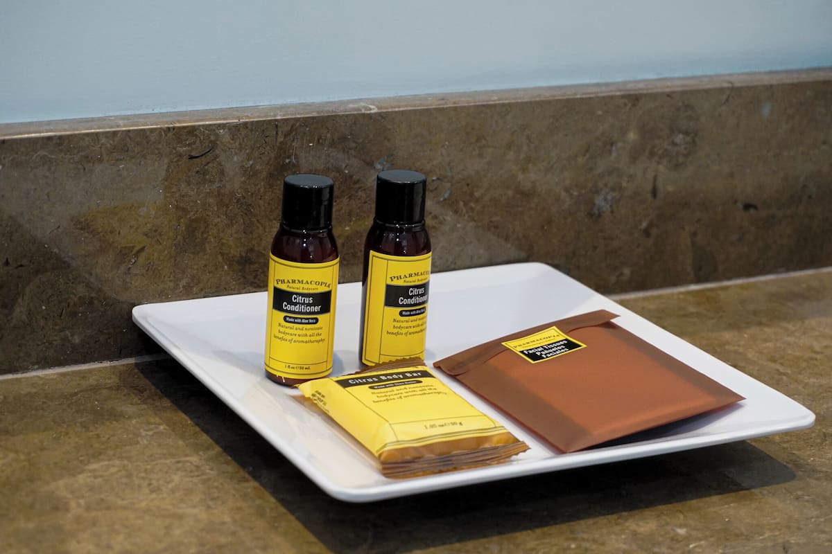 separate bathtub and shower, rainfall showerhead, free toiletries