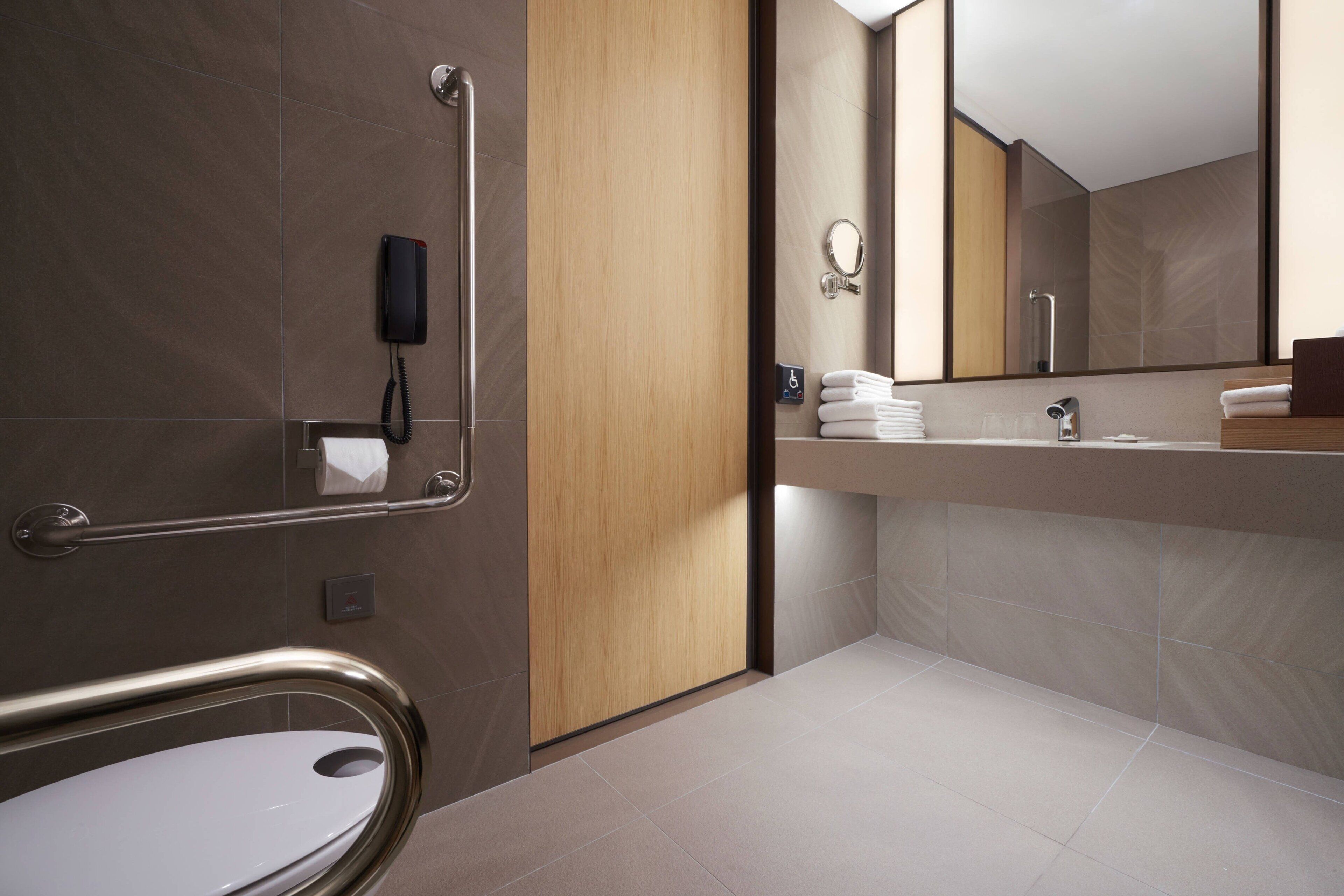 A modern bathroom with a toilet, a handrail, a sink, a mirror, and a towel rack.