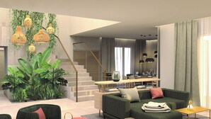 A modern living room with a staircase, green plants, and a dining area. - Hvar Boutique Villas (Hvar)