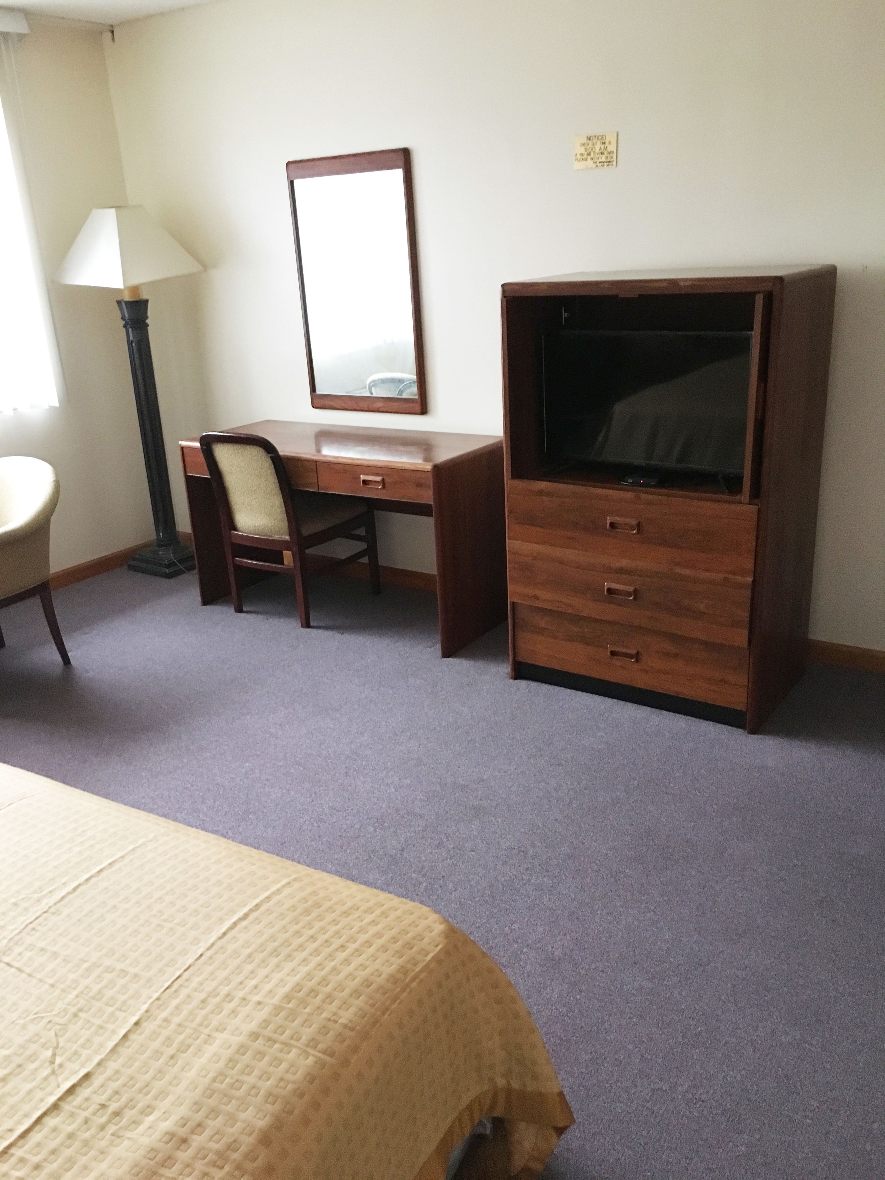 Een hotelkamer met een bed, een bureau, een stoel, een televisie en een lamp.