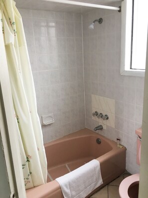 A bathroom with a bathtub, a toilet, and a shower. - Village Motel (Ellenville)