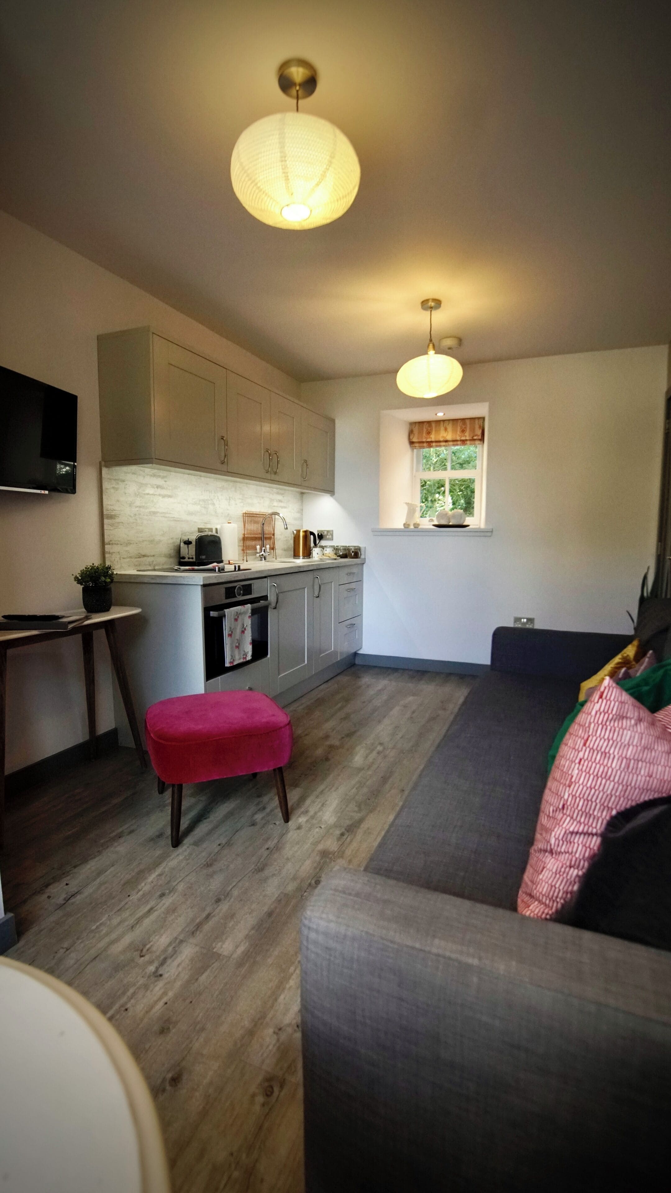 A compact living space with a kitchenette, a sofa, and a television.