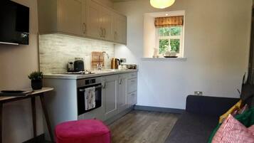 A compact living space with a kitchenette, a sofa, and a television.